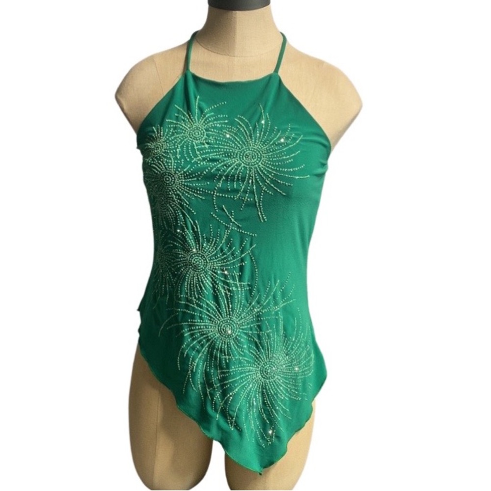 COPY - UVA GREEN BLING HALTER TOP SIZE MEDIUM ASYMMETRICAL